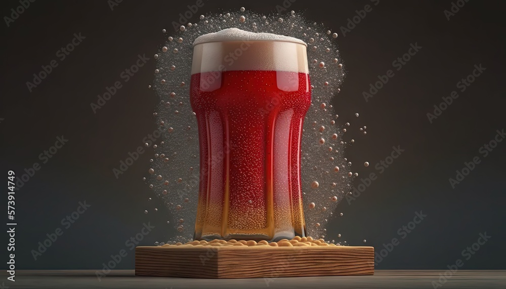  a glass of beer with foam on a wooden stand on a dark background with drops of water coming out of 