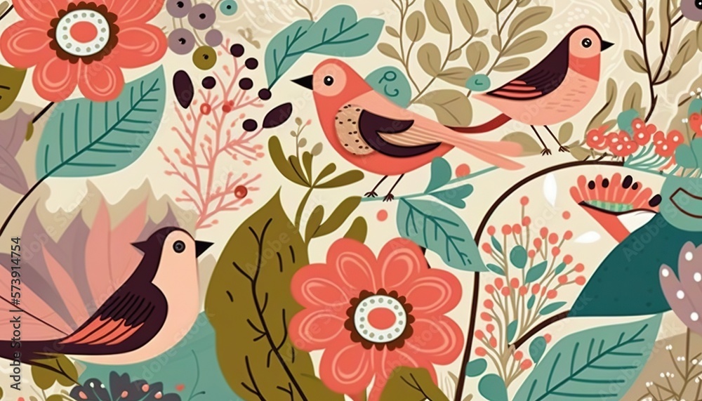  a bunch of birds that are on a flowery wallpaper pattern with leaves and flowers on a white backgro