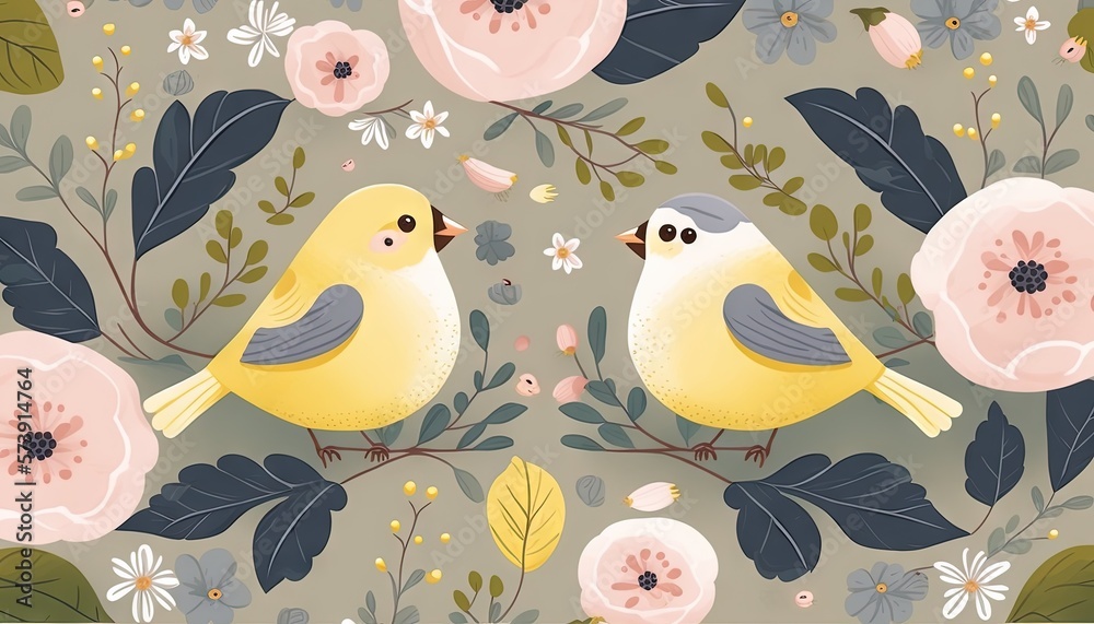  two yellow birds sitting on a branch surrounded by pink flowers and green leaves on a gray backgrou