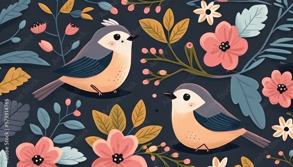  a couple of birds sitting on top of a flower covered field of leaves and flowers on a black backgro