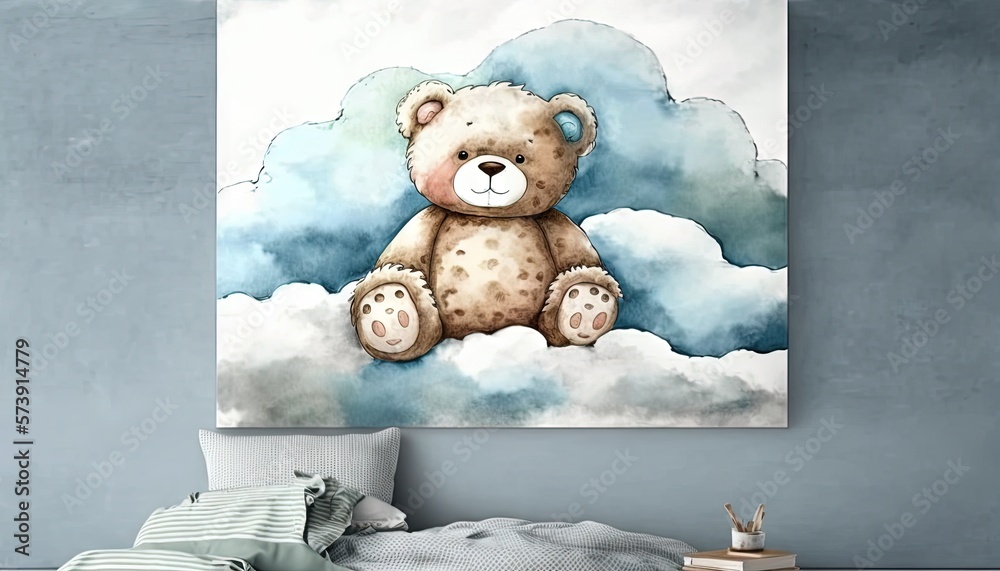  a painting of a teddy bear sitting on a cloud in a bedroom with a blue wall and a white bed with a 