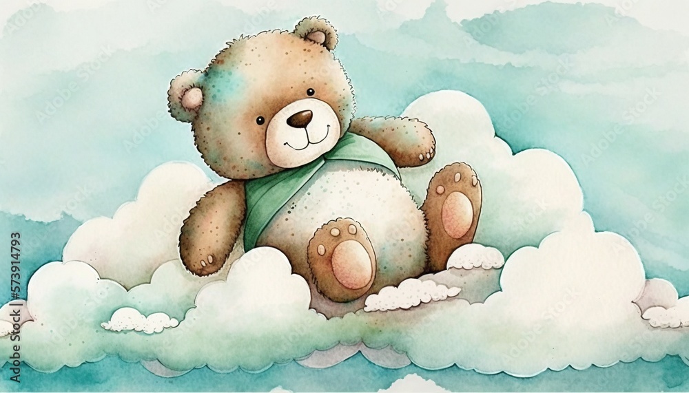  a watercolor painting of a teddy bear sitting on a cloud with a green scarf on its neck and a gree