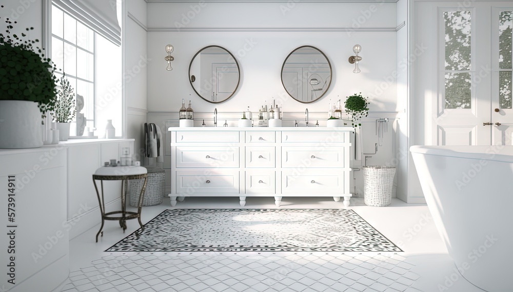  a white bathroom with two mirrors and two sinks and a bathtub with a rug on the floor and a rug on 