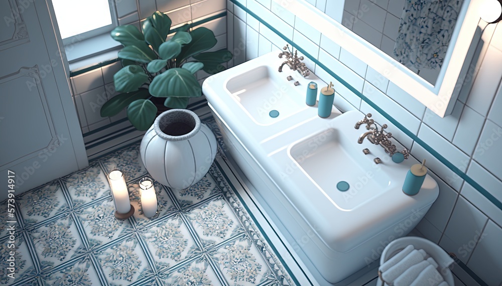  a bathroom with two sinks and a potted plant in the corner of the room with candles on the side of 