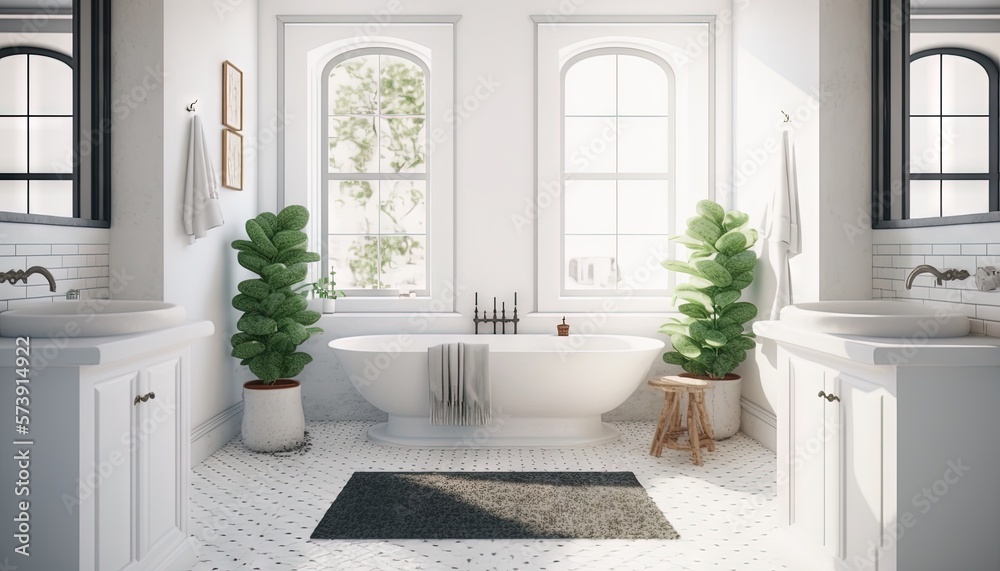  a bathroom with a tub, sink, toilet and a rug on the floor with a plant in the corner of the bathtu