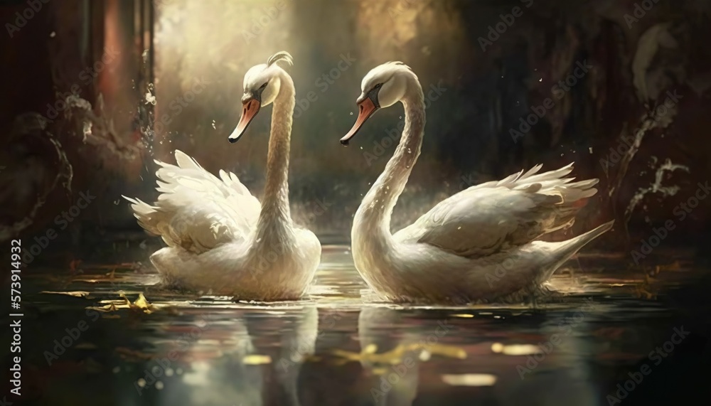  two white swans swimming in a pond with leaves on the ground and a tree in the background with a li