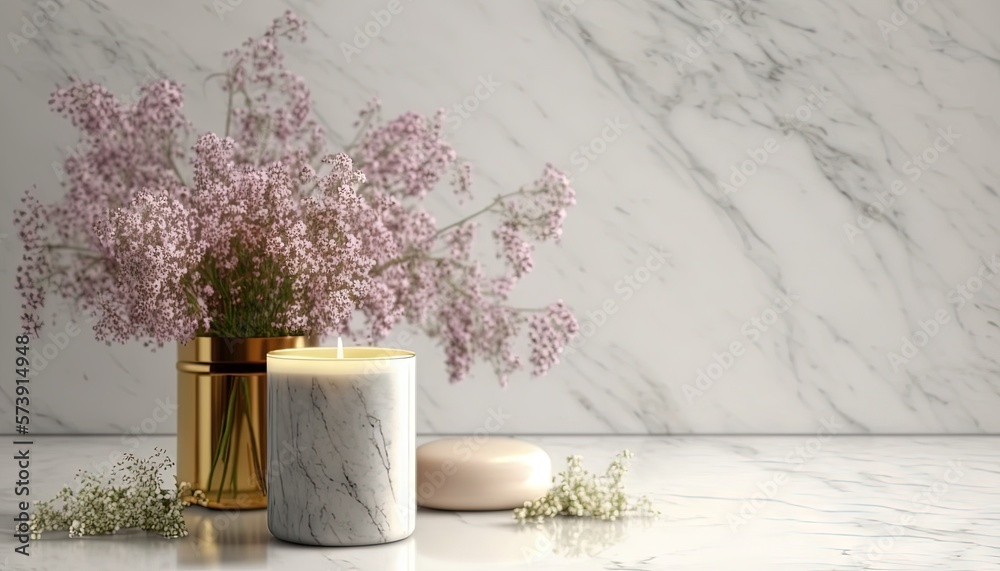  a marble table with a vase of flowers and a candle on it and a candle holder with a candle on it an