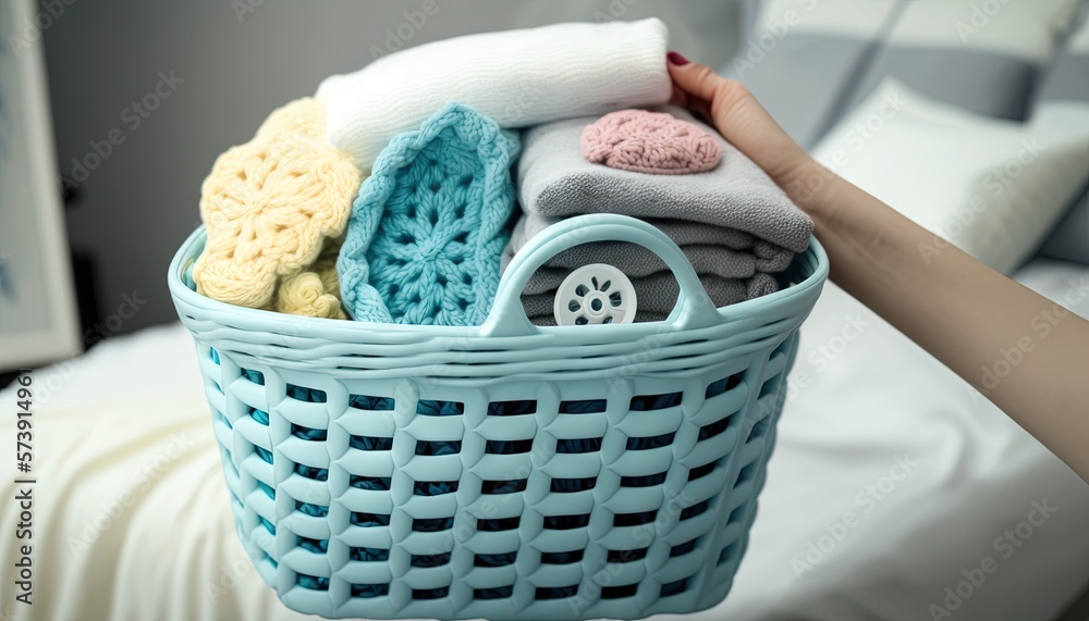  a person holding a basket full of clothes on a bed with a white comforter on top of the bed and a w