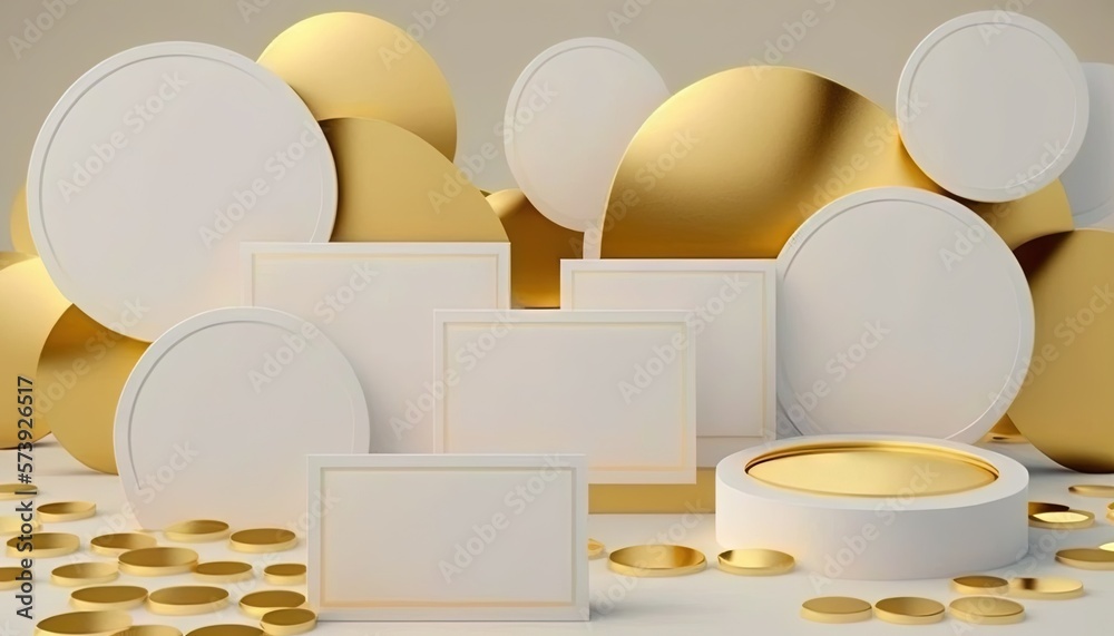  a bunch of white and gold plates and plates on a table.  generative ai