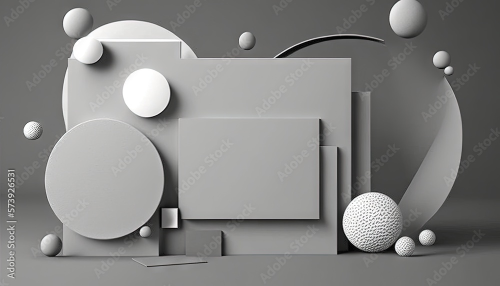  an abstract composition with white balls and a gray background with a black and white photo.  gener