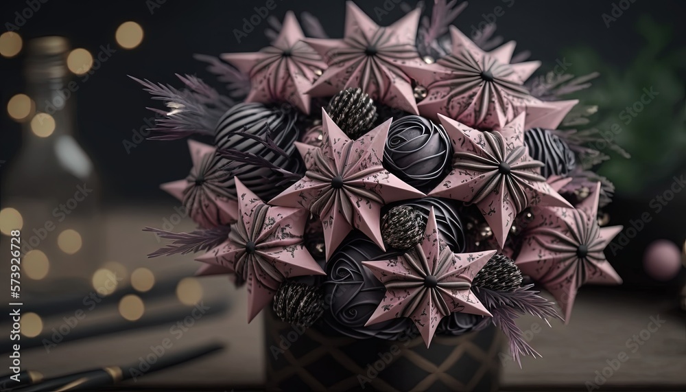  a vase filled with lots of pink and black balls of origami.  generative ai