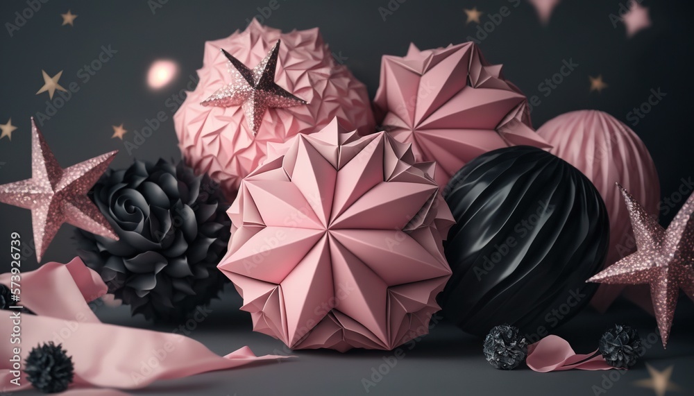  a group of pink and black balls and stars on a gray background.  generative ai