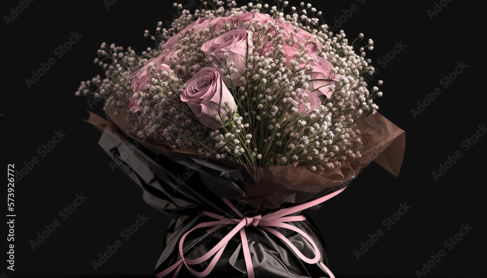  a bouquet of flowers wrapped in a black and pink ribbon.  generative ai