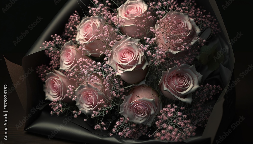  a bouquet of pink roses in a black paper bag on a table.  generative ai