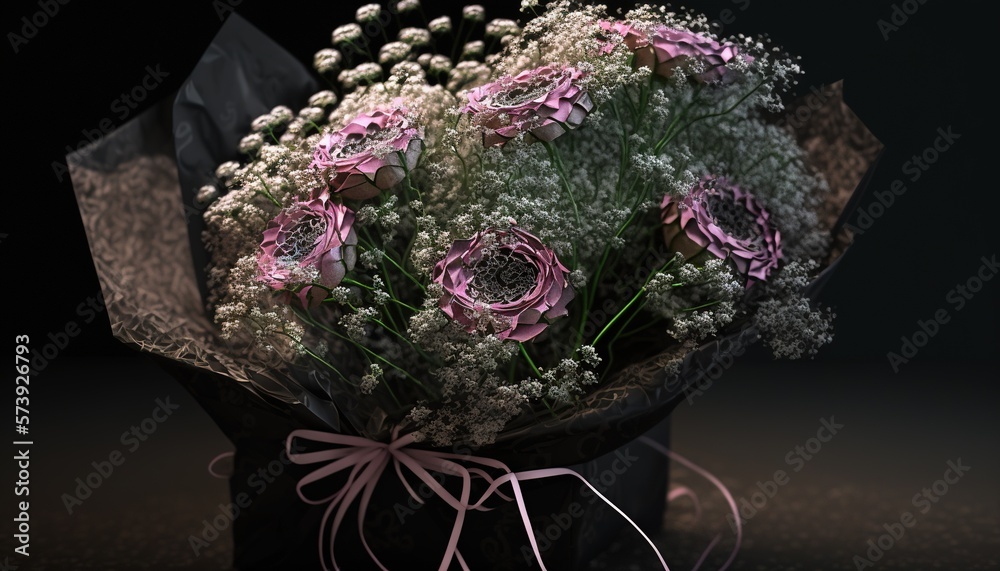  a bouquet of flowers sitting on top of a black table.  generative ai