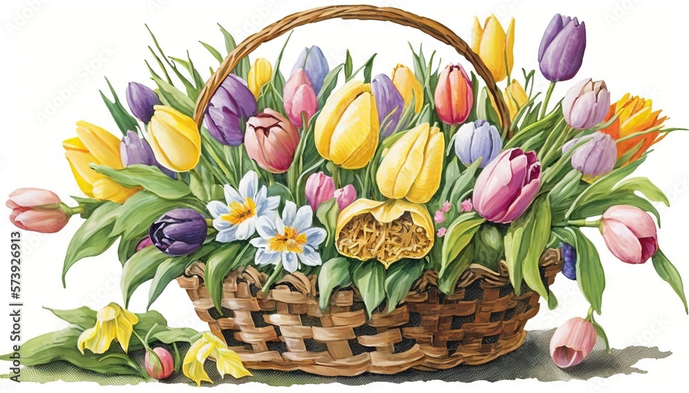  a basket filled with lots of colorful tulips and other flowers.  generative ai