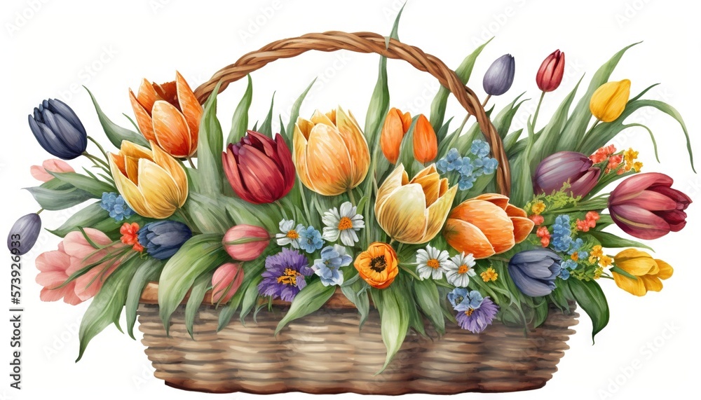  a basket filled with lots of flowers on top of a white background.  generative ai