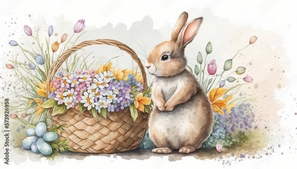  a watercolor painting of a bunny with a basket of flowers.  generative ai