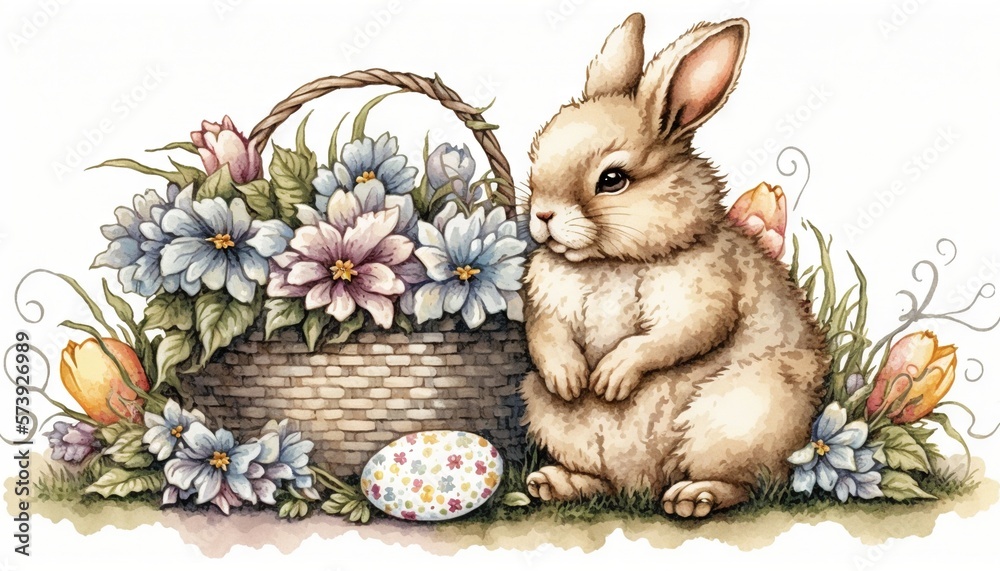  a white rabbit sitting next to a basket of flowers and an egg.  generative ai