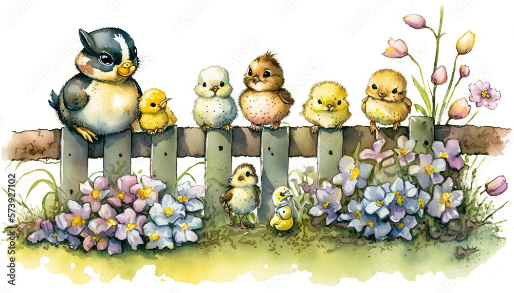  a painting of a group of chicks sitting on a fence.  generative ai