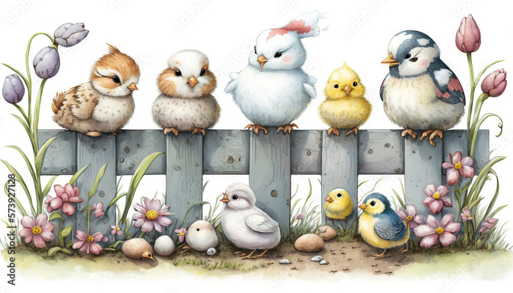  a group of birds sitting on top of a wooden fence.  generative ai