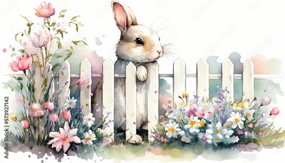  a watercolor painting of a rabbit sitting behind a fence.  generative ai