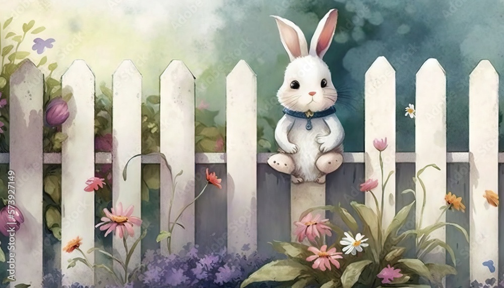  a painting of a rabbit sitting on a fence with flowers.  generative ai