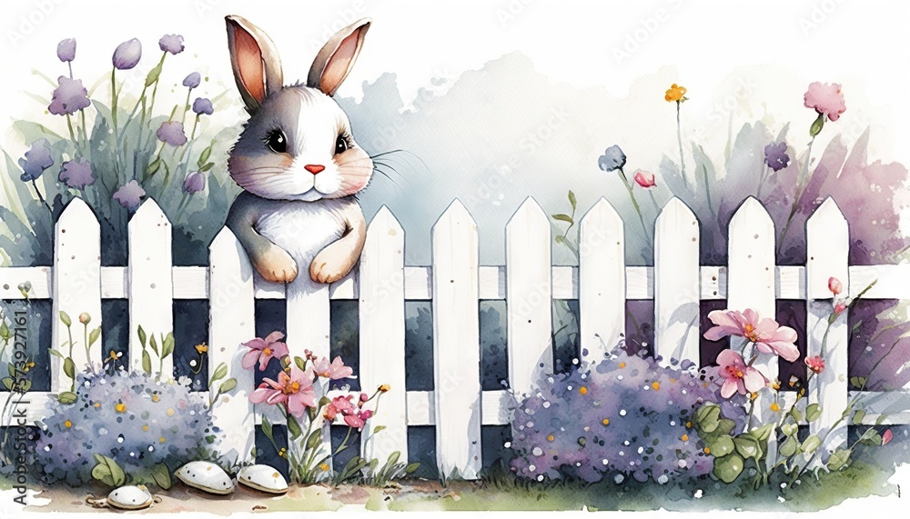  a watercolor painting of a bunny sitting on a fence.  generative ai