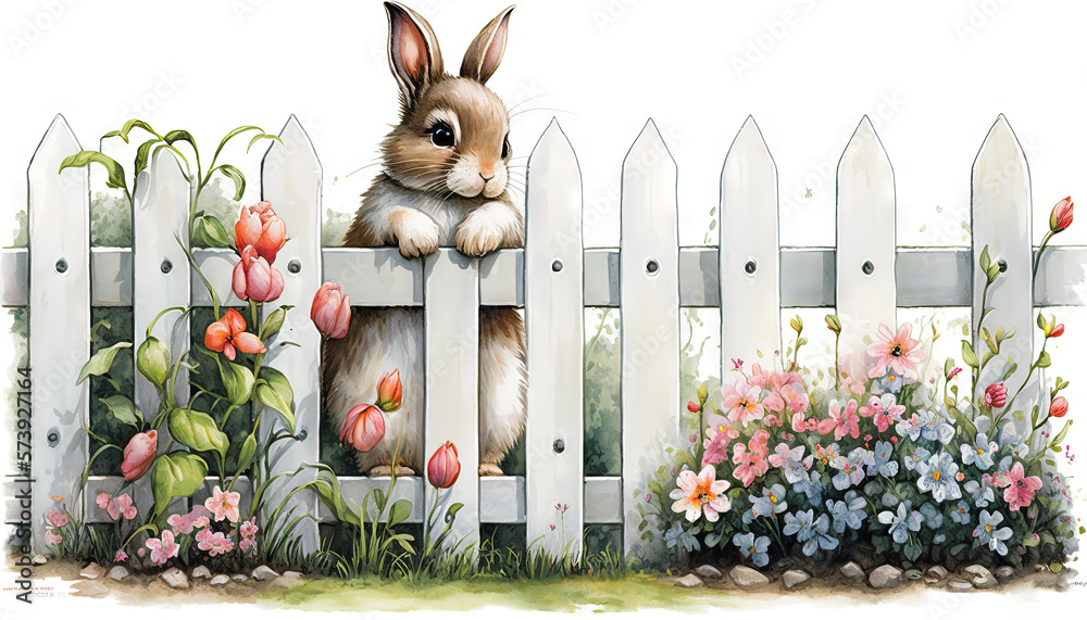  a painting of a rabbit peeking over a fence with flowers.  generative ai