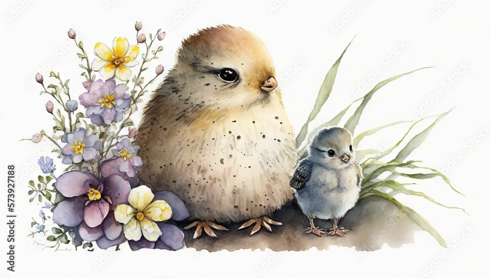  a watercolor painting of a bird and a baby bird.  generative ai