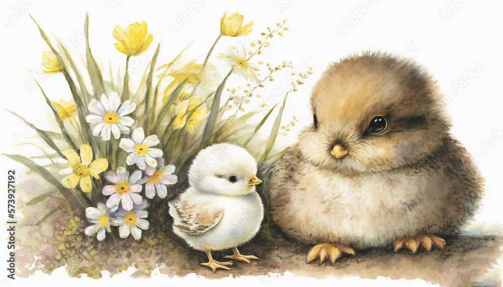  a watercolor painting of a chick and a chickling.  generative ai