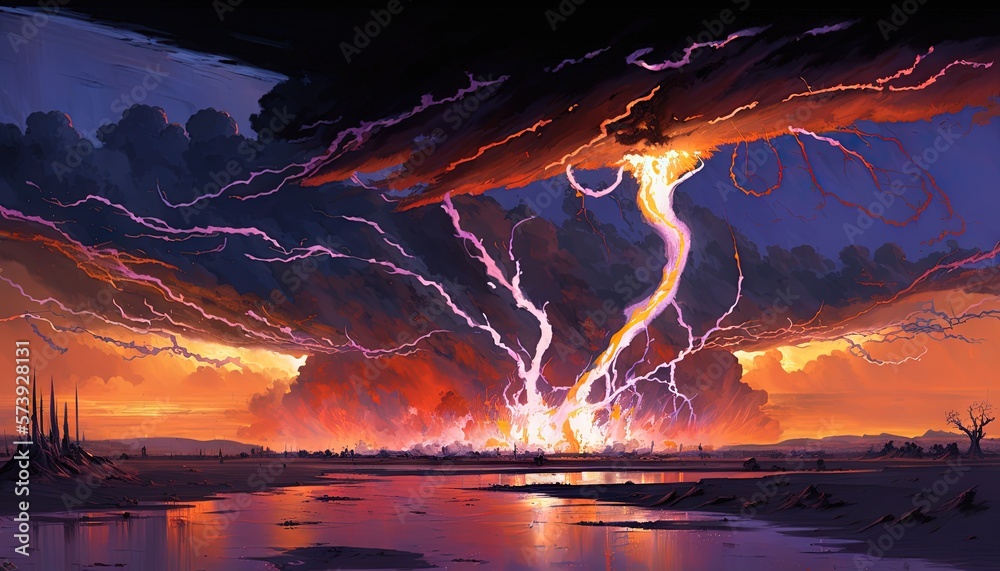  a painting of a lightning storm in the sky over a lake.  generative ai