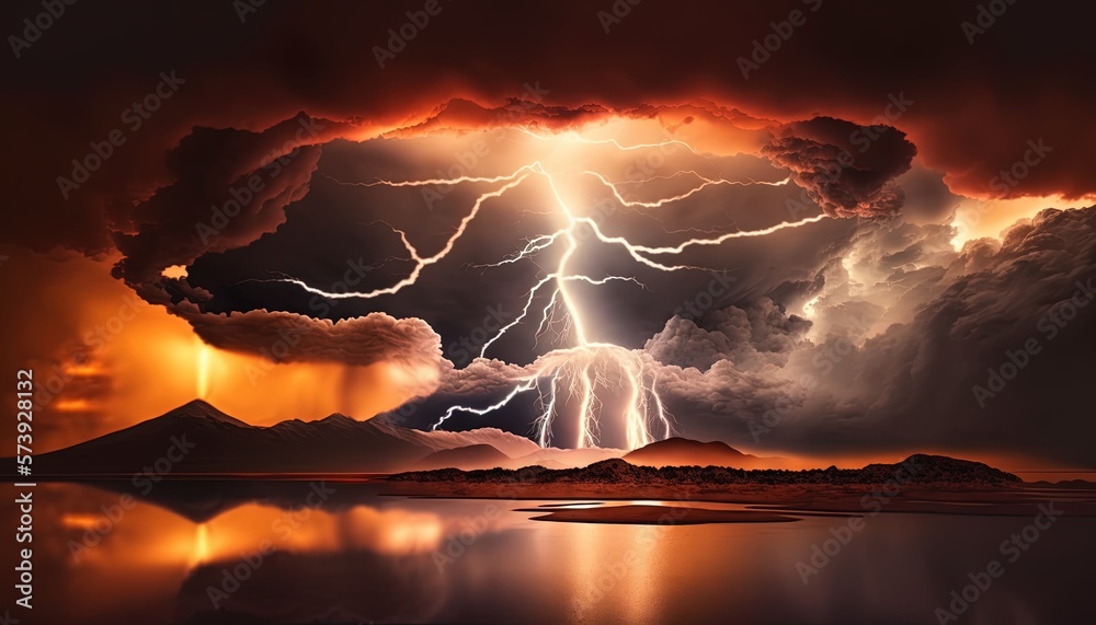  a large cloud filled with lightning over a body of water.  generative ai