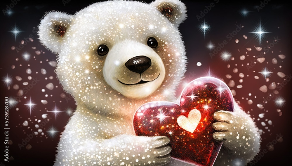  a white teddy bear holding a heart shaped box with stars in the background.  generative ai