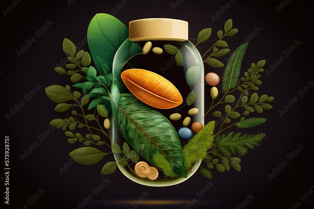  a jar filled with leaves and nuts on a black background.  generative ai