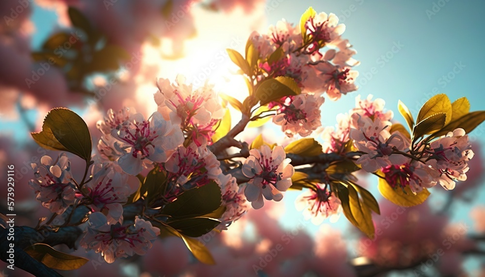  a branch of a tree with pink flowers in the sunlight.  generative ai