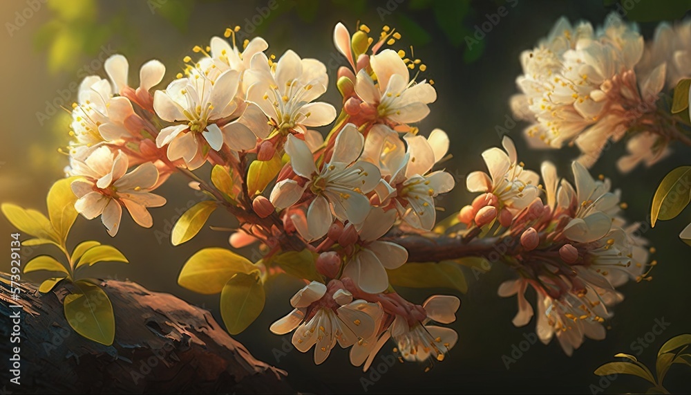  a branch of a flowering tree with white and yellow flowers.  generative ai