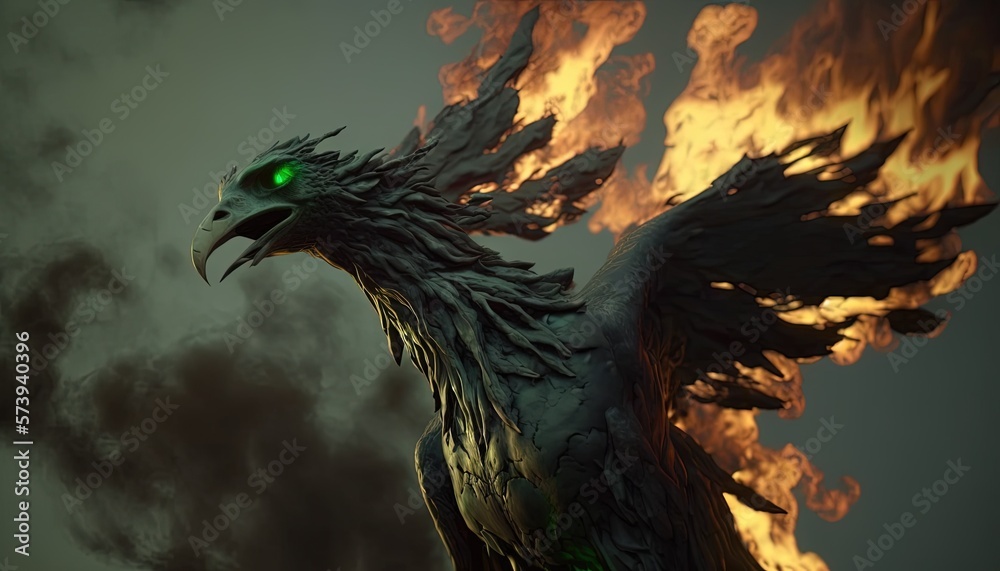  a large bird with a green eye surrounded by fire and smoke.  generative ai