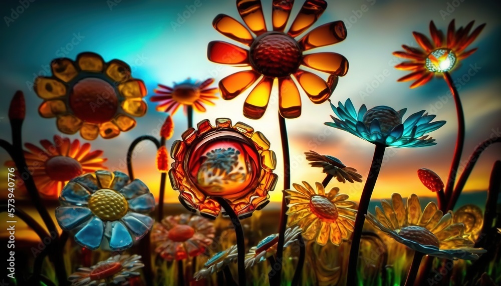  a painting of a bunch of flowers in a field at sunset.  generative ai