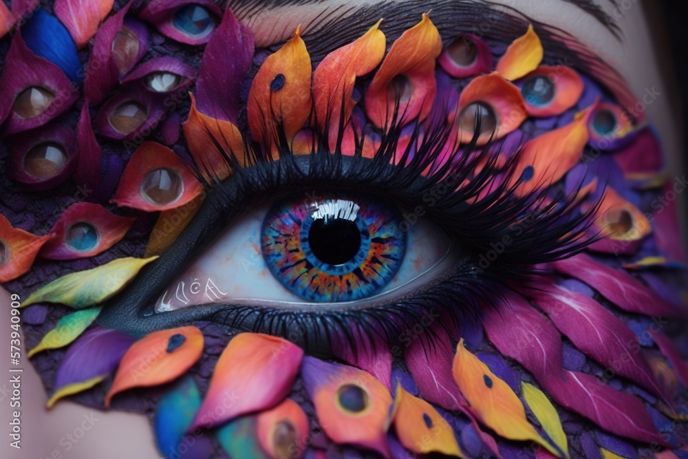  a womans eye with colorful feathers painted on it.  generative ai