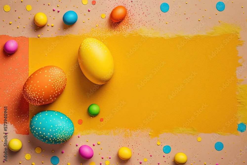  a group of colorful eggs on a yellow and pink background.  generative ai