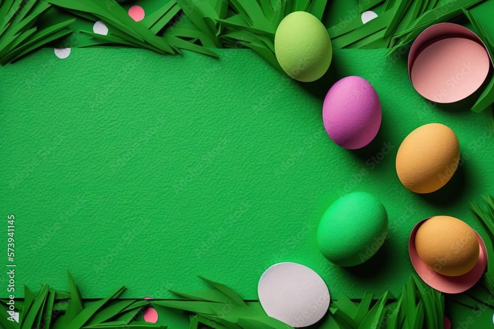  a green background with several colored eggs and palm leaves on it.  generative ai