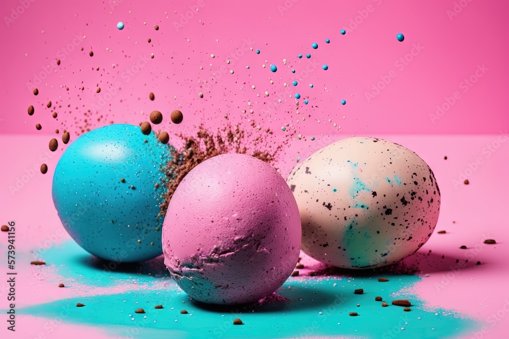  three balls of bath bombs with sprinkles on a pink and blue background.  generative ai