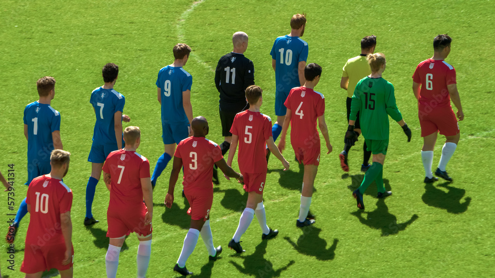 Soccer Championship Match the Beginning: Two Professional Football Teams Enter Stadium Where they Wi