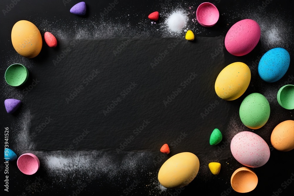  a black background with colored eggs and sprinkles.  generative ai