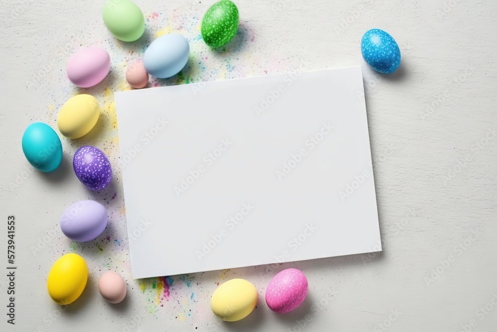  a white sheet of paper surrounded by colored eggs on a white surface.  generative ai