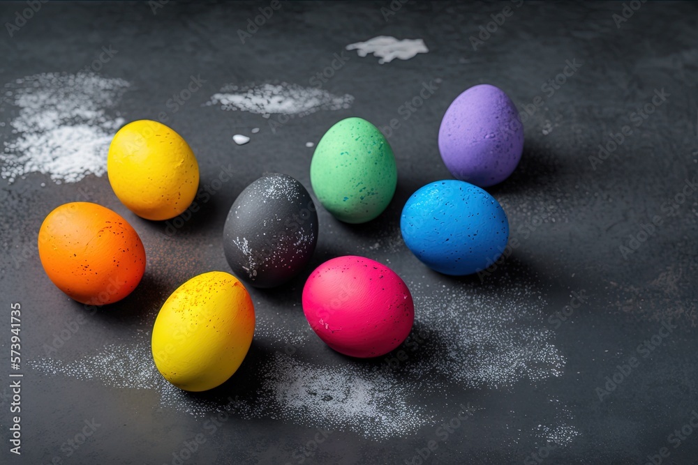  a group of colored eggs sitting on top of a table.  generative ai