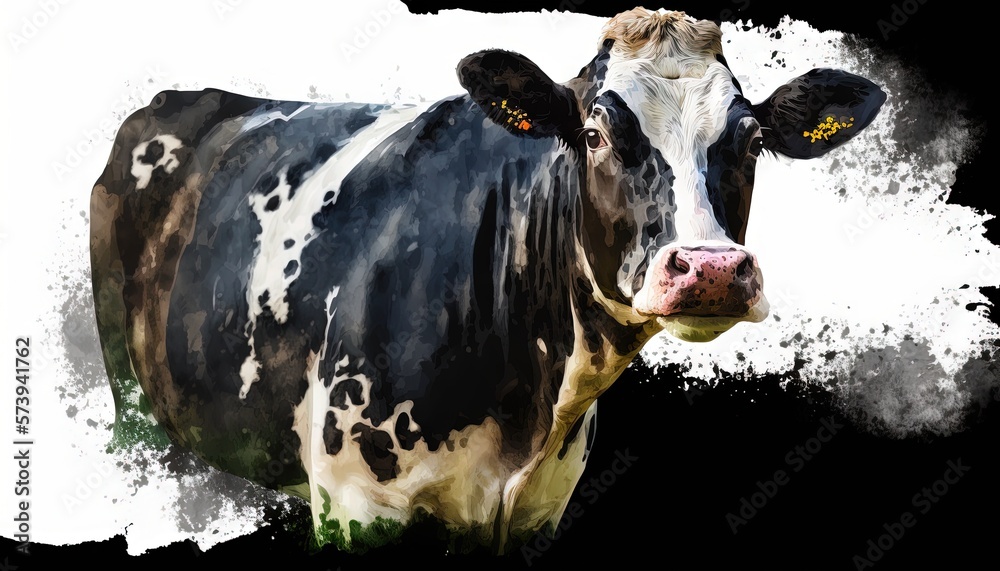  a black and white cow with a yellow tag on its ear.  generative ai