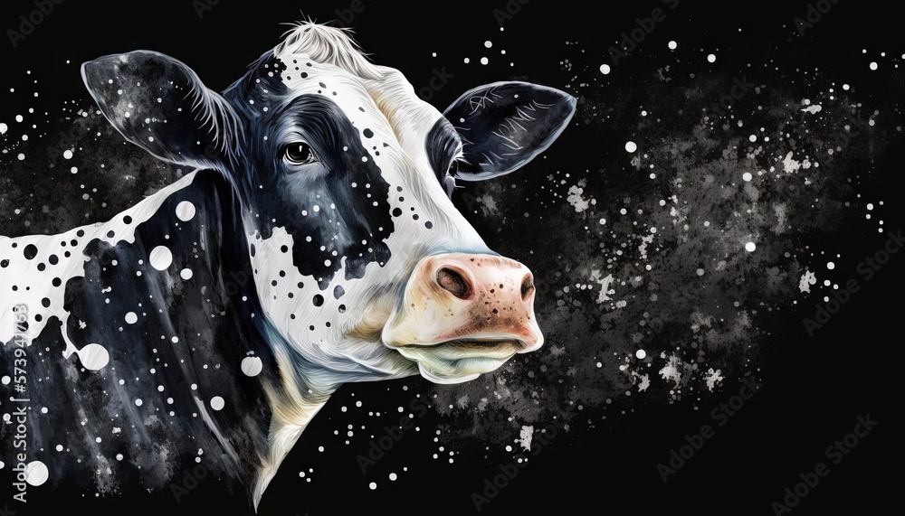  a black and white cow with spots on its face.  generative ai