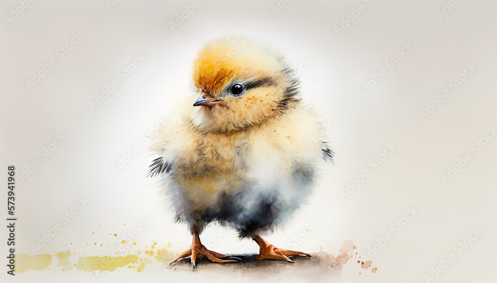  a painting of a small yellow and black bird on a white background.  generative ai